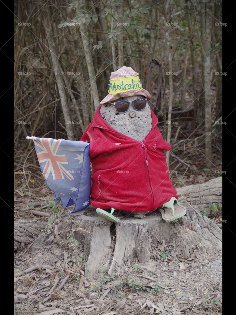 A termite nest has been decorated to be an Aussie character. 