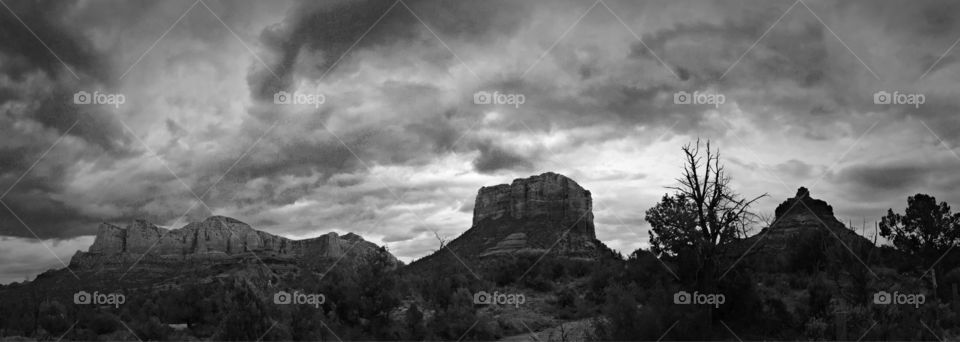 Red rock on black and white . Sedona