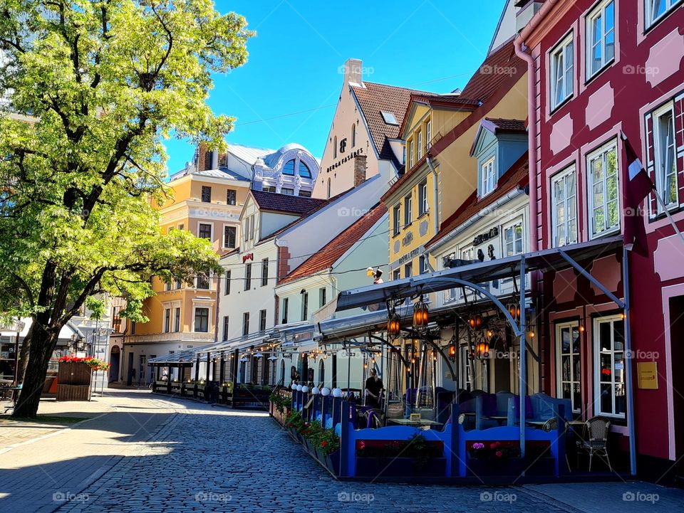 Picturesque cafe terrace in the old town of Riga