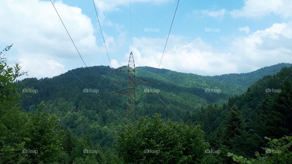 A view of the woods and the power lines stretching across forests and hills