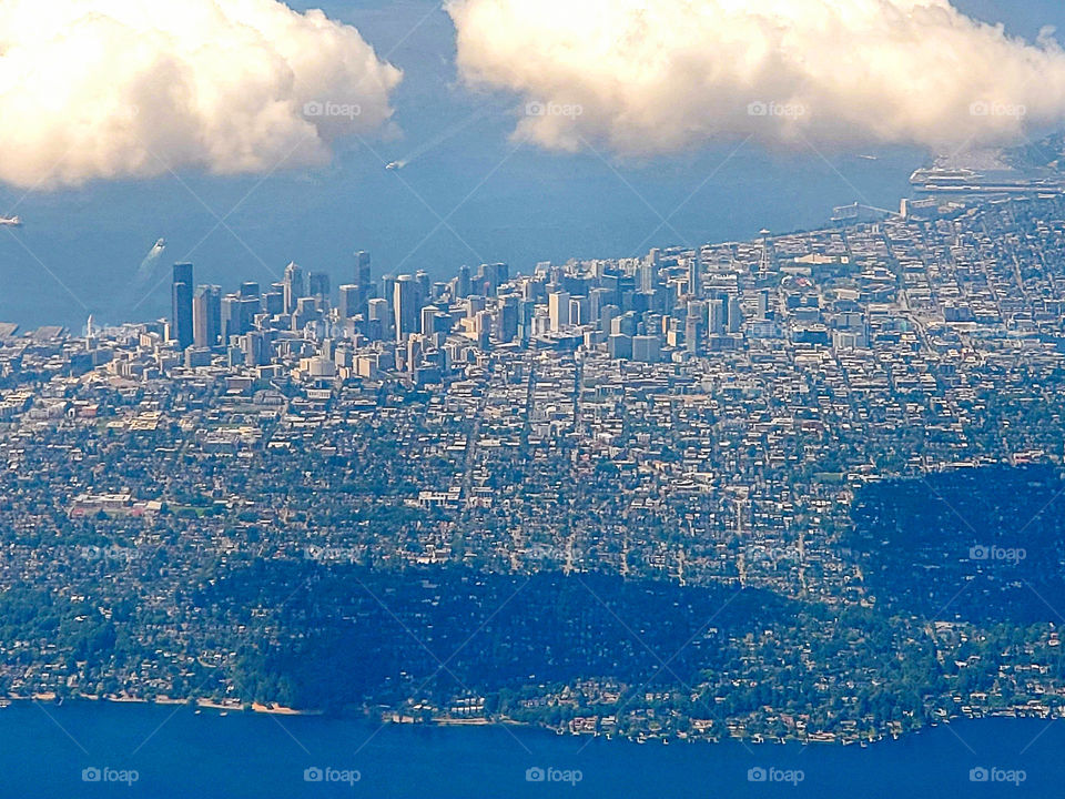 The beautiful city of Seattle seen from a commercial jet on approach into SeaTac Airport on a very clear day
