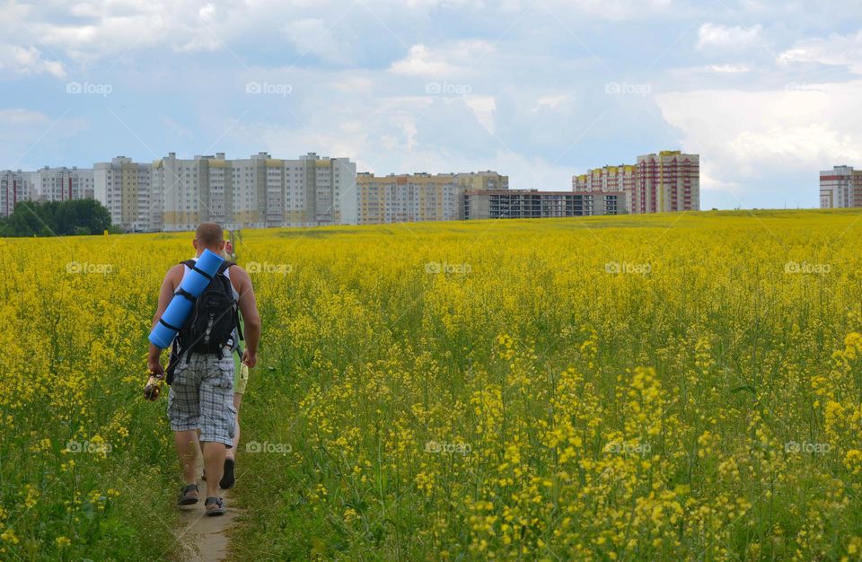 people walking summer nature landscape rapeseed field