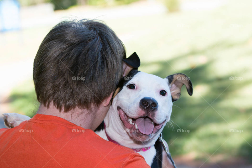 hug puppy spring outside