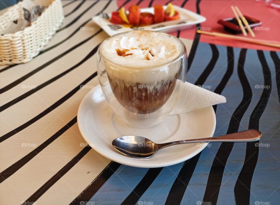 coffee mug on the table, cappuccino, white cup, foam, table, cafe, rest, caramel flavor, hot coffee