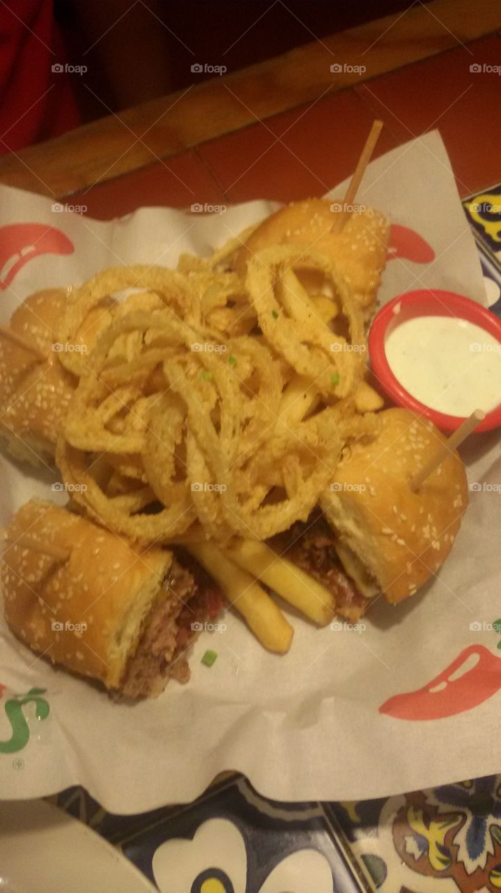 Craft Burger Bites with Crispy Bacon, aged cheddar cheese, crispy onion and house-made  Ranch dressing