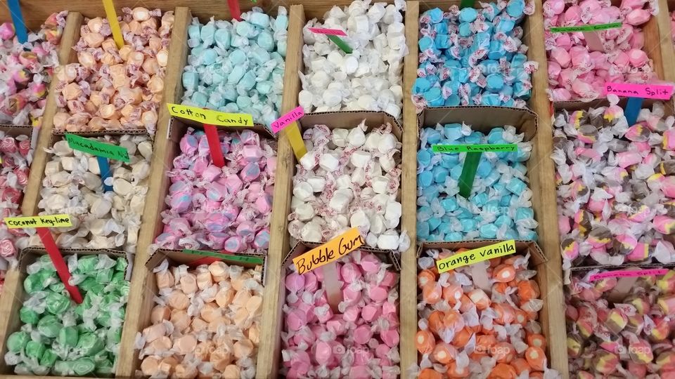 Candy, colorful and labeled in candy store