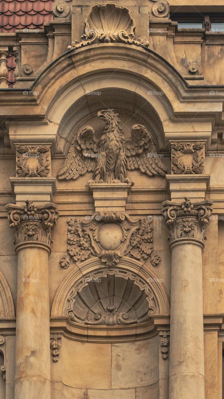 close-up of a fragment of a beautiful facade of a historic hotel in Wrocław