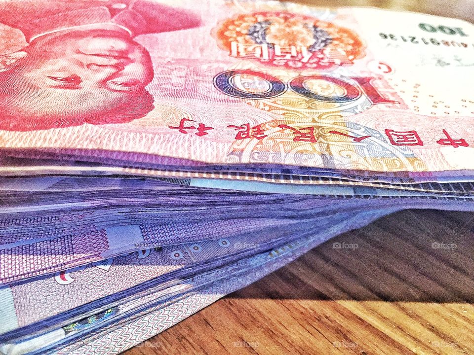 Close-up of yuan notes