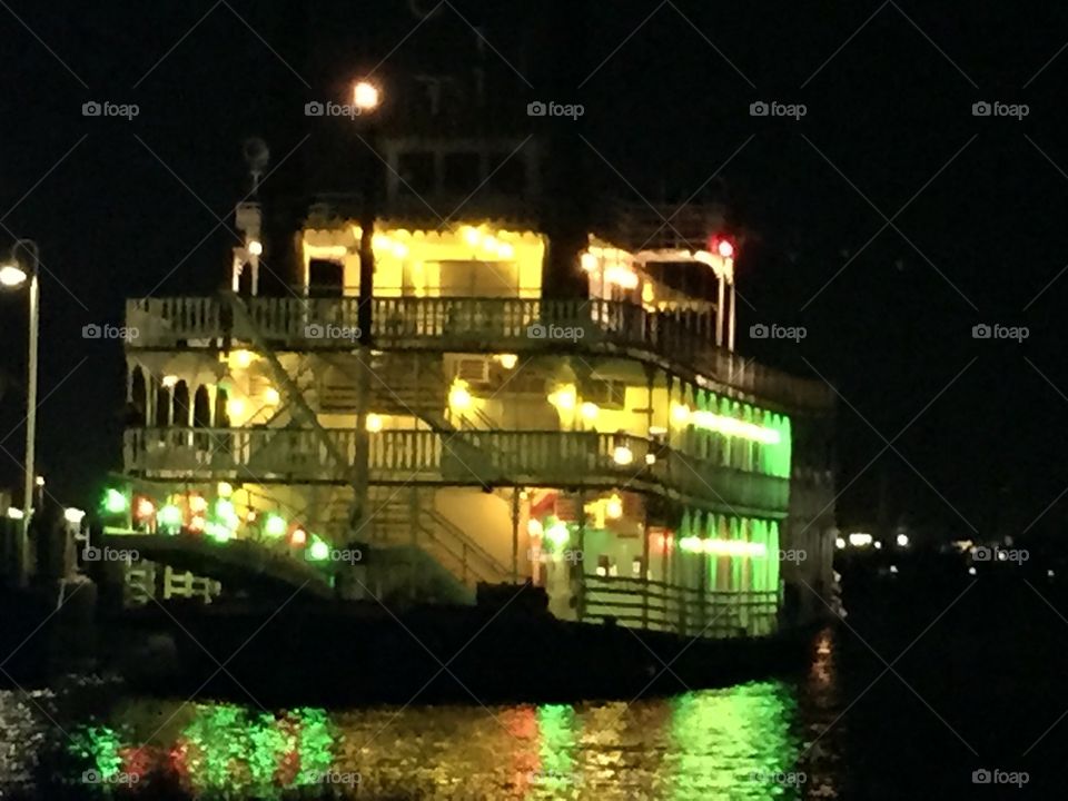 The Colonel steamboat in Galveston Bay all lit up for Christmas. 