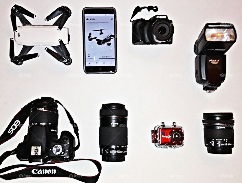 my photography camera equipment displayed on a white background