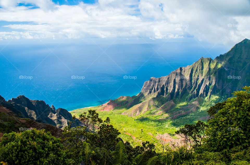 Distant view of the beautiful Nepali coast mountain in Hawaii. 