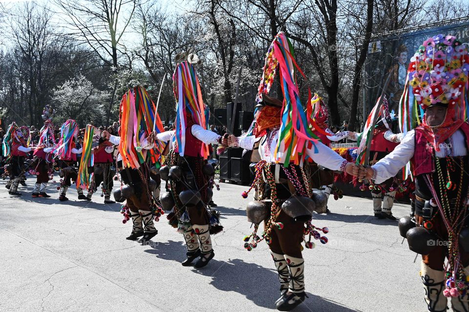 Kukeri Dance. Kukeri are elaborately costumed Bulgarian Men, who Perform Traditional Rituals Intended to Scare Away Evil Spirits