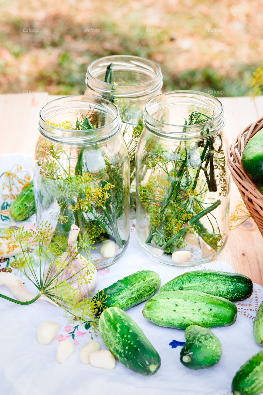 Pickling cucumbers. Pickling cucumbers made with home garden vegetables and herbs