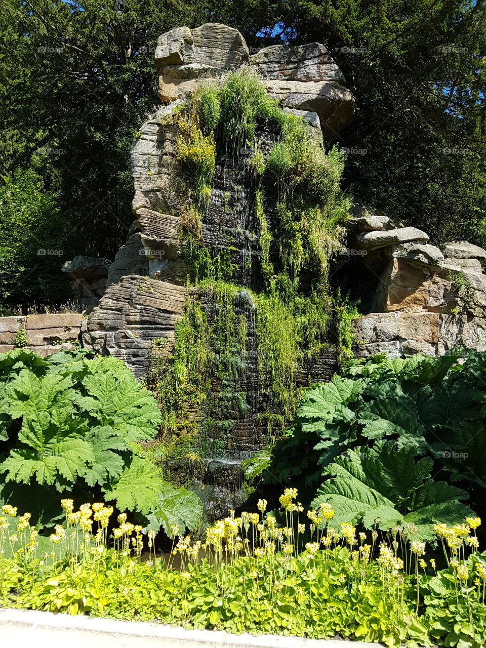 A mossy waterfall in the grounds of a country house.