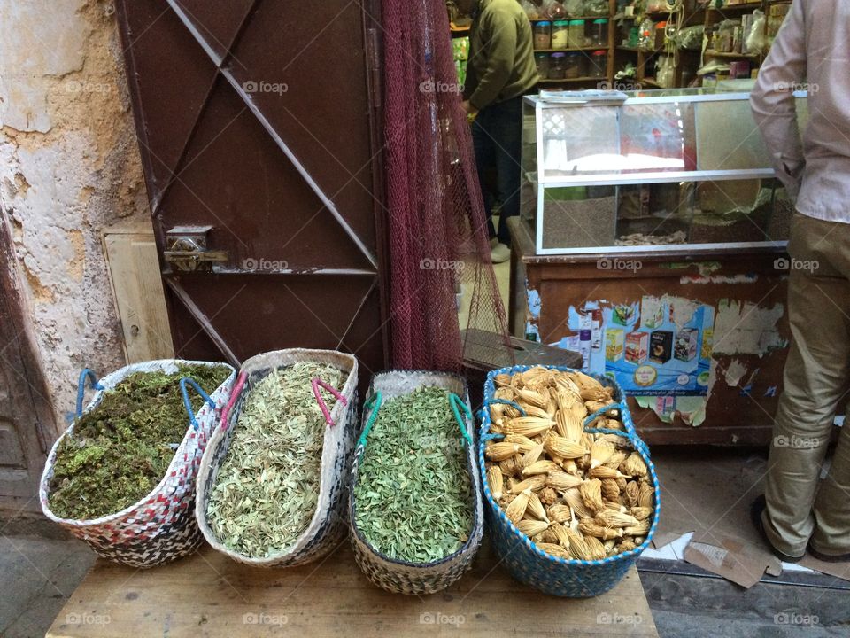 Marketplace Herbs and Spices In Fez, Morocco.
