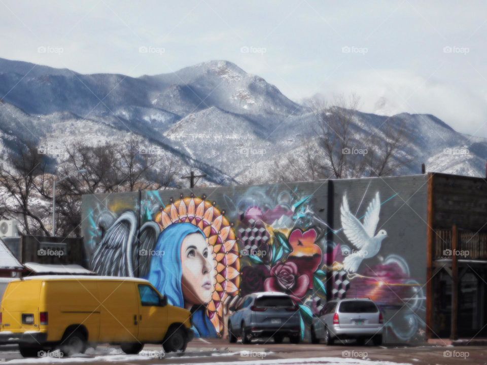 Colorado snowy mountain and street art graffiti