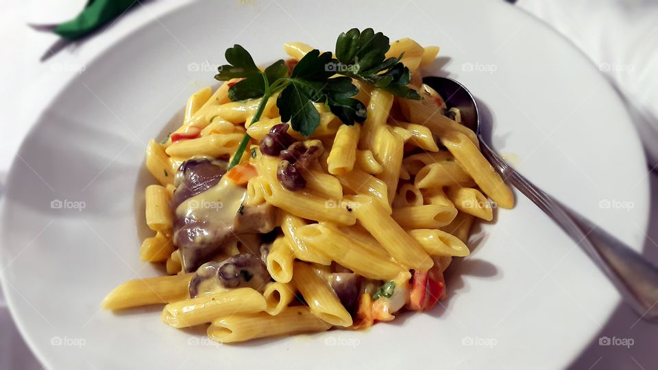 High angle view of pasta on plate