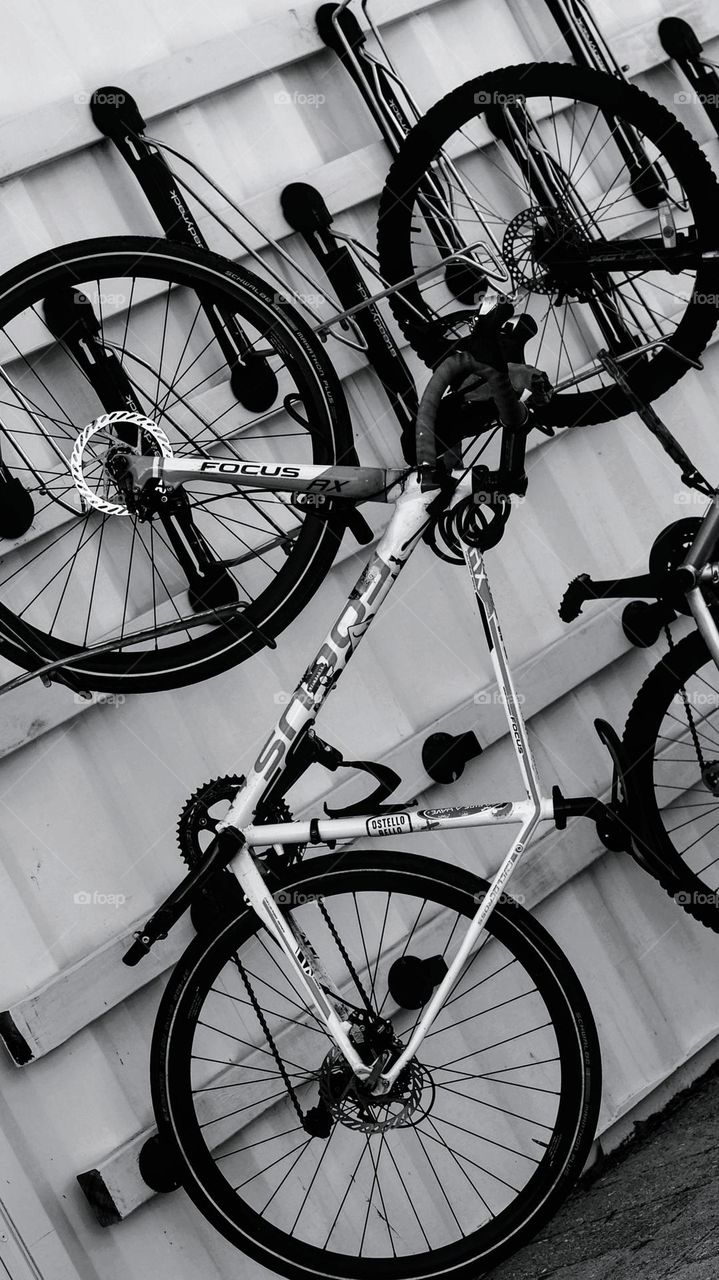 Bicycles hanging on a wall rack.