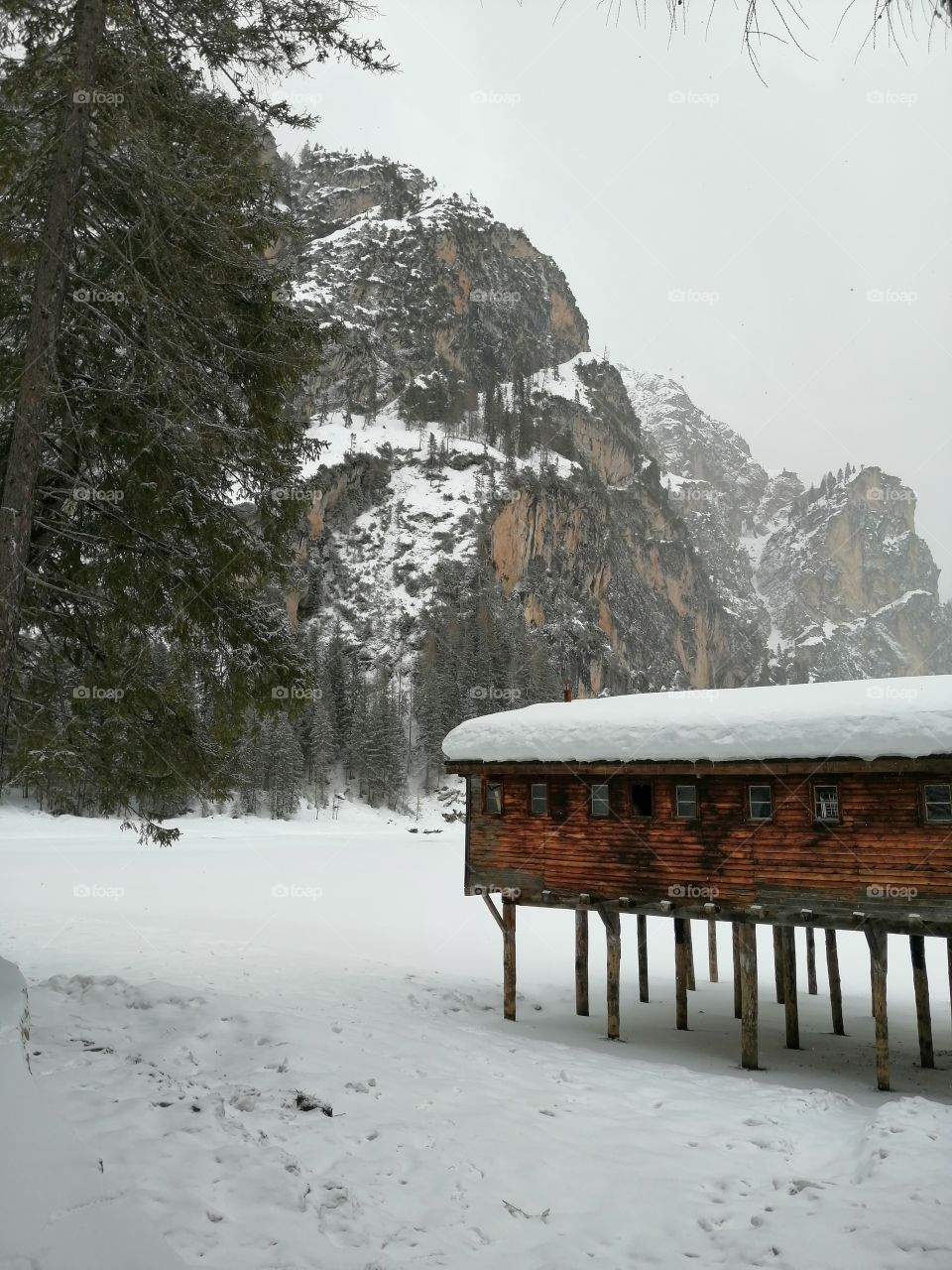 Frozen Braies Lake in Winter in South Tyrol.