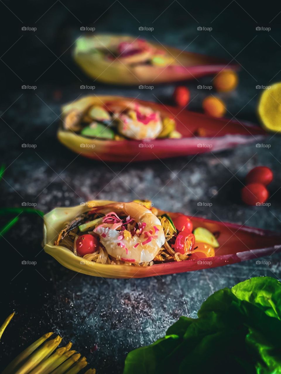 Banana flower salad with shrimp in close up view