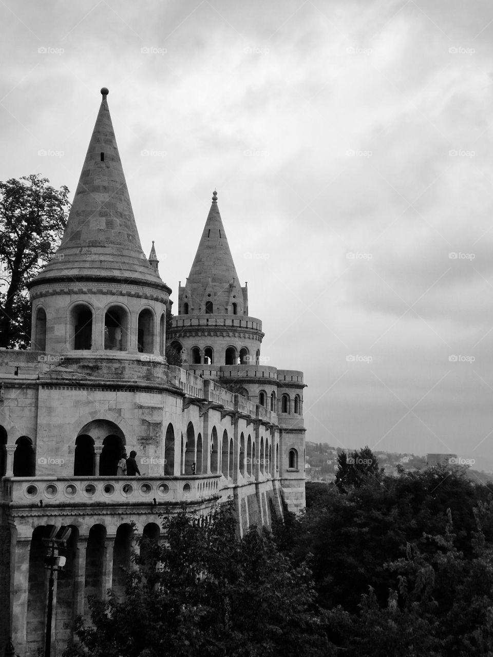 the architecture of the Fishermen's Bastion in Budapest in black and white