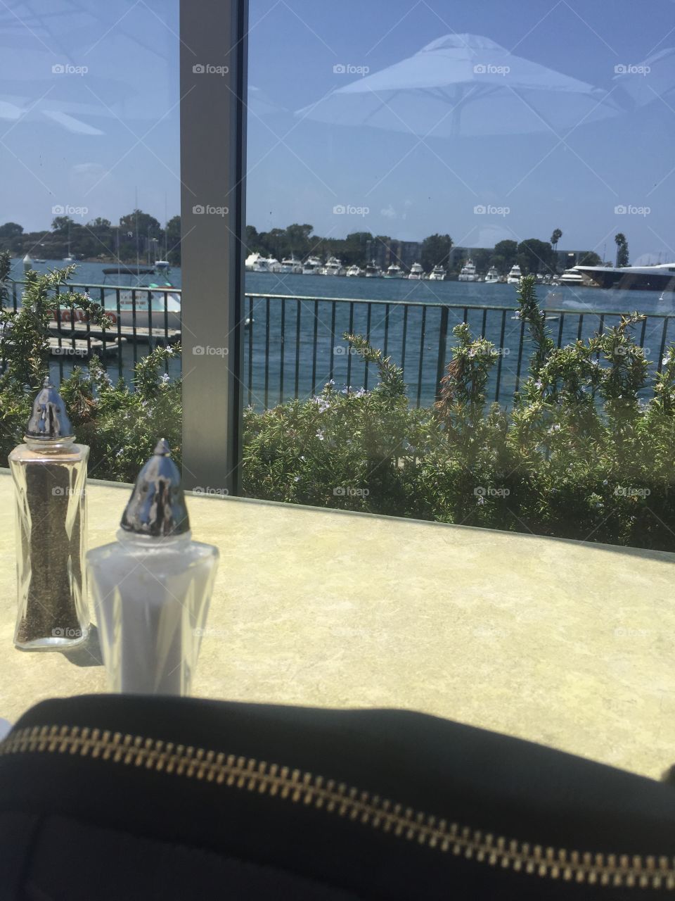"Brunch Blues"- low perspective viewpoint from a brunch table in Marina Del Rey on a beautiful clear blue sky day