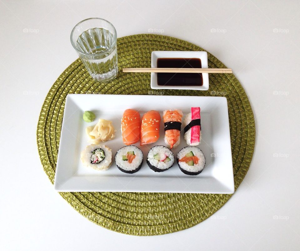 High angle view of sushi food
