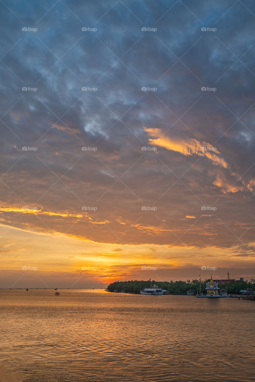 Beautiful dawn scene in BangTaBoon Bay Thailand