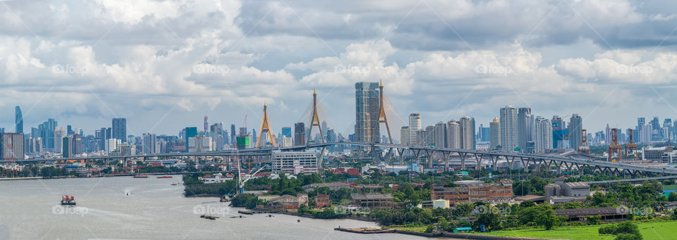 Panorama view of the Bhumibol landmark bridge in Bangkok Thailand