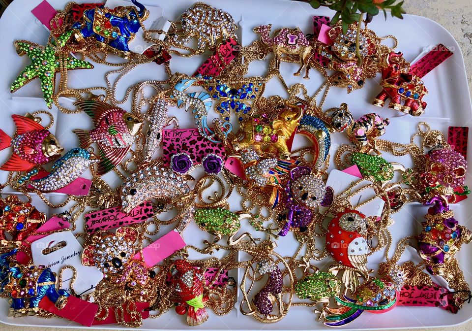 Dazzling multicolored necklaces.