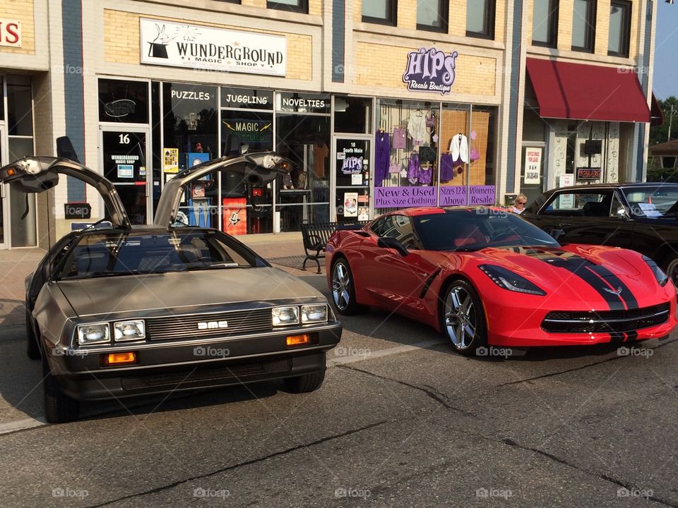 Clawson car Show 2014. My DeLorean and my neighbors Corvette simply showing off!