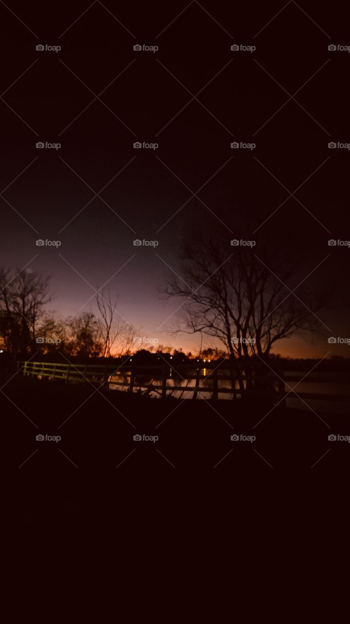 Reflections of shore line composure in comparison to Colorful Backlit Glow illuminating Lake Waters, Trees and Shrubs. 