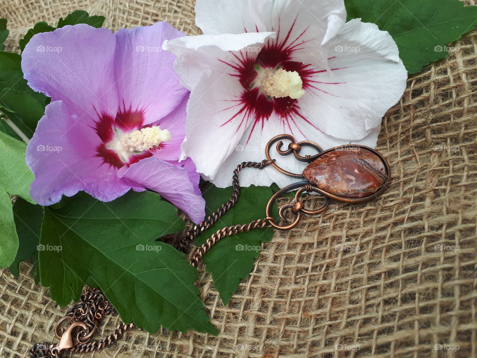 Natural Stone Necklace and Rose of Sharon Blooms