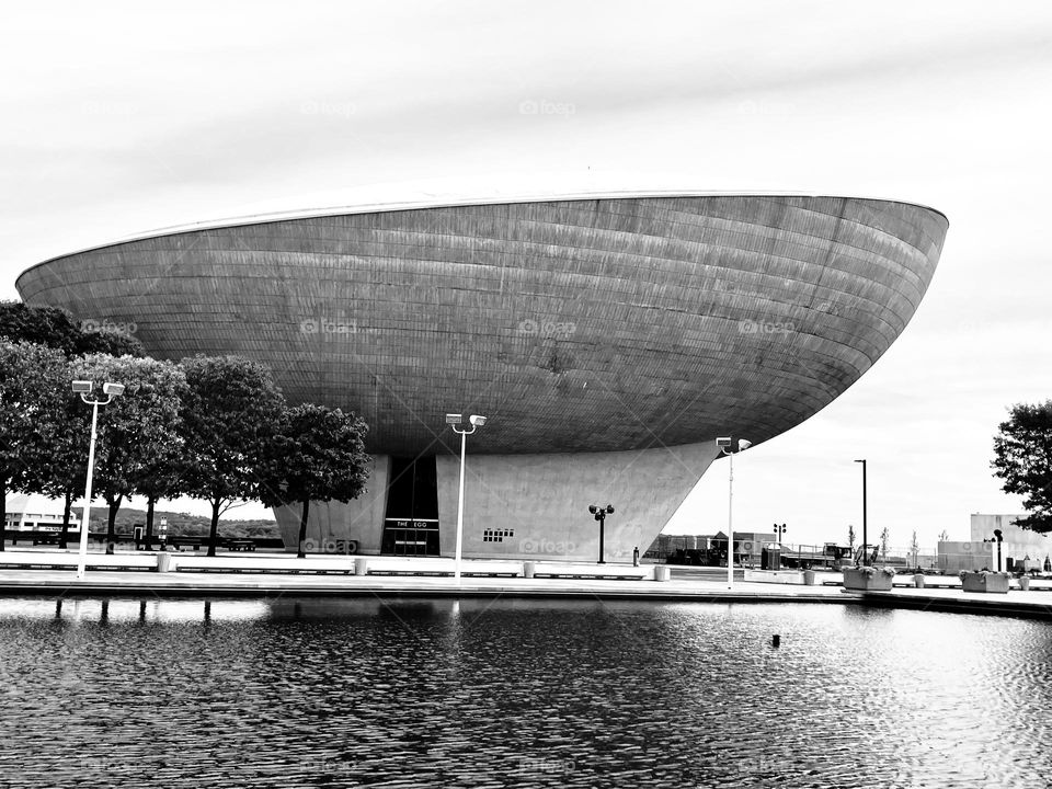 Black and white photograph of the performing arts center known as The Egg located in the Empire State Plaza complex in Albany, New York, USA