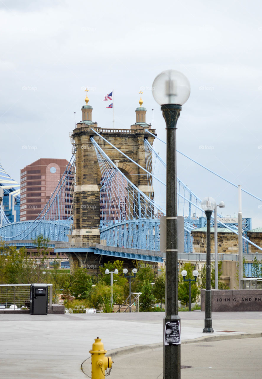 Cityscape and Roebling bridge in Cincinnati, Ohio United States