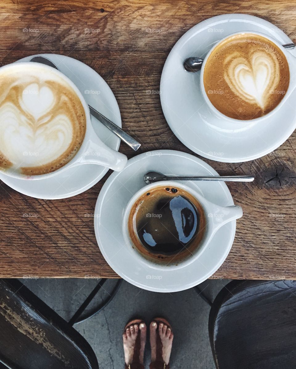 Vanilla latte, cappuccino and espresso coffee.