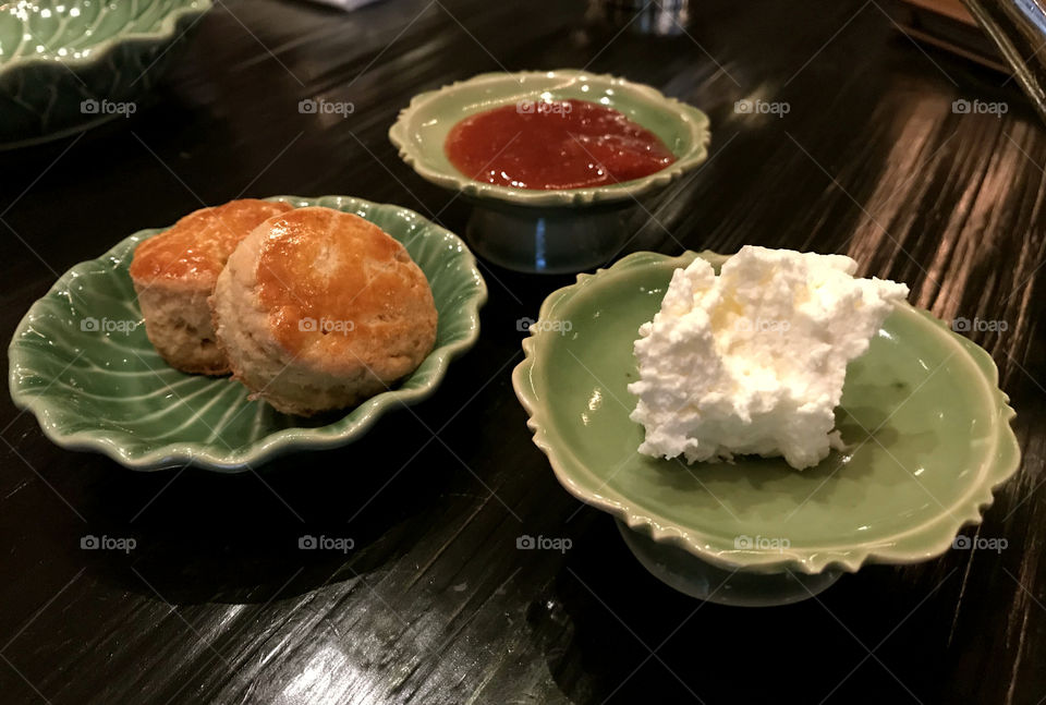 Luxury dessert serve with soft cream and strawberry jam to make it even more divine delicious