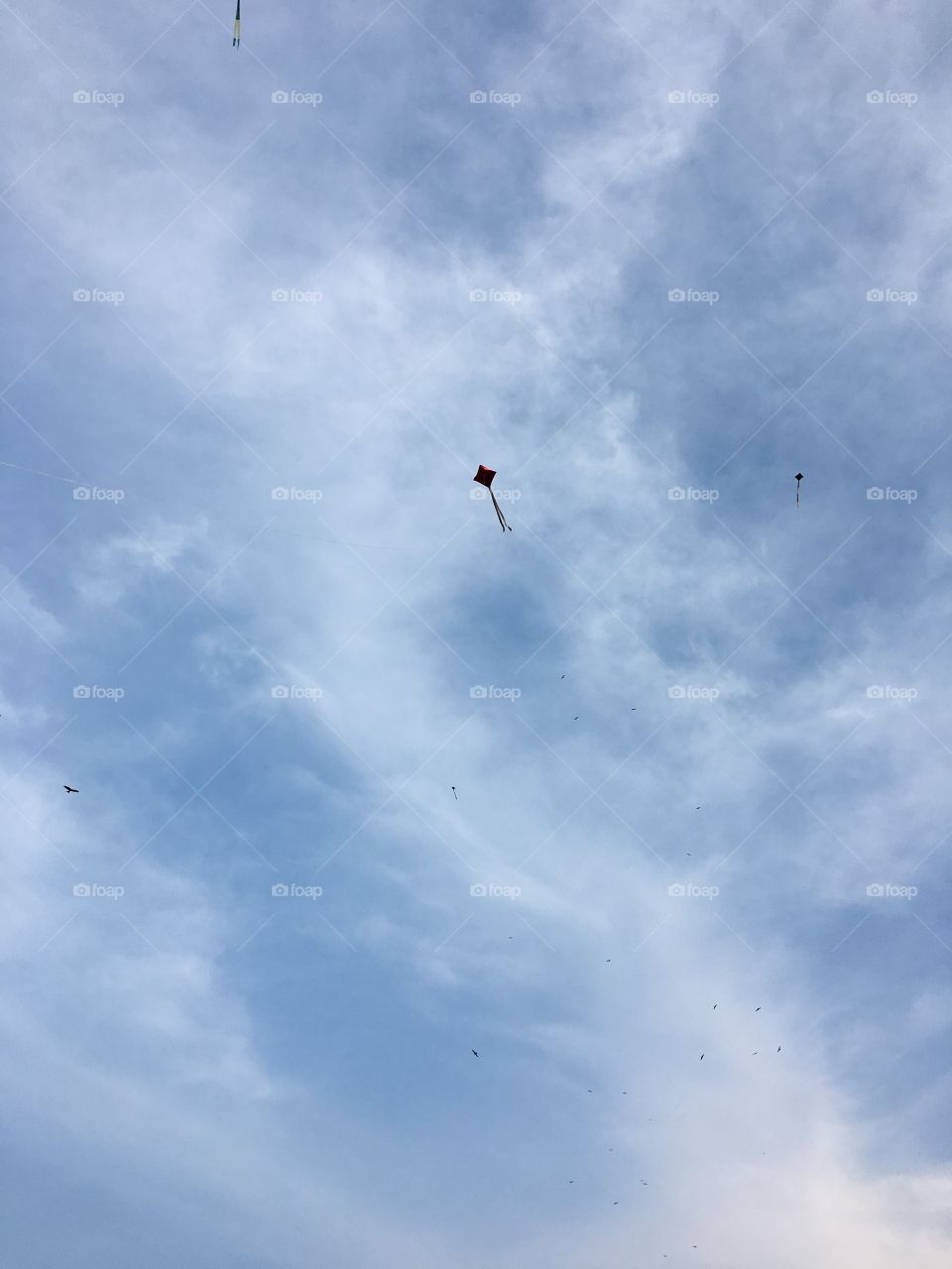 Flying kites blue sky top view 