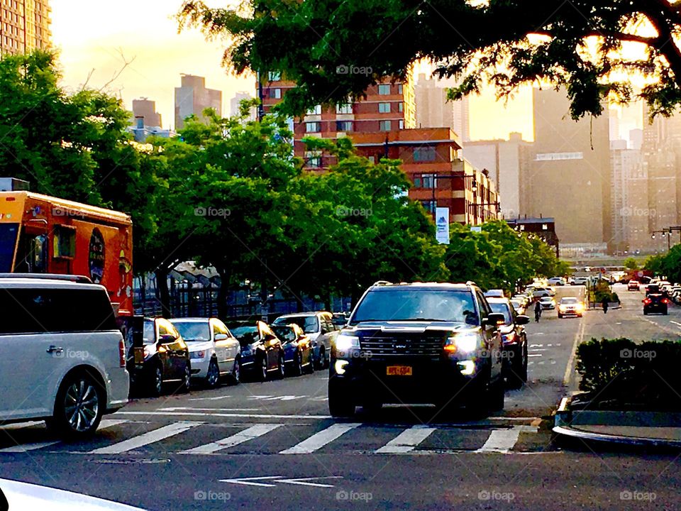 Vernon Jackson Ave in Long Island City, Queens, NY in the late afternoon at upcoming twilight time in the Spring of 2020. Hypnotic Productions