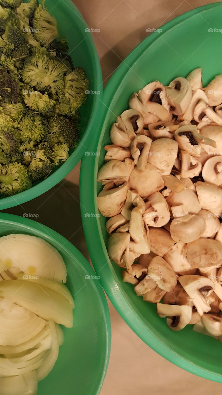 Broccoli, mushrooms, onions