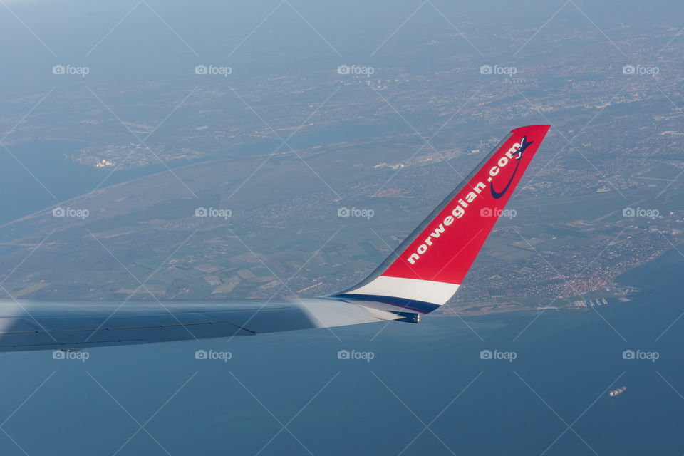 View from airplane window. Landscape over Öresund Denmark.