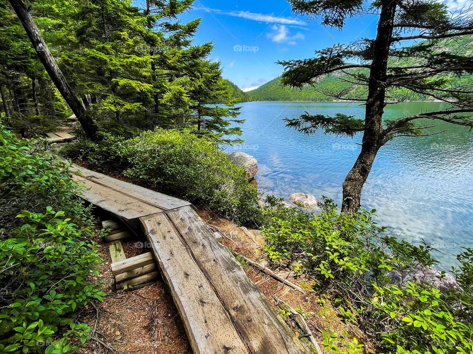 “On the Boardwalk.”  Raised hiking path along the shore of Jordan Pond in Acadia National Park.