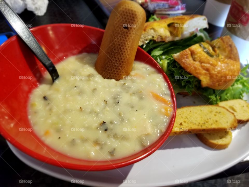 soup and bagel and bagel chips
