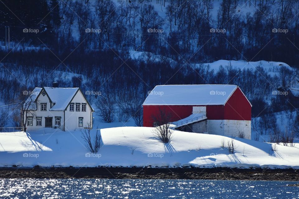 Colorful winter cabins