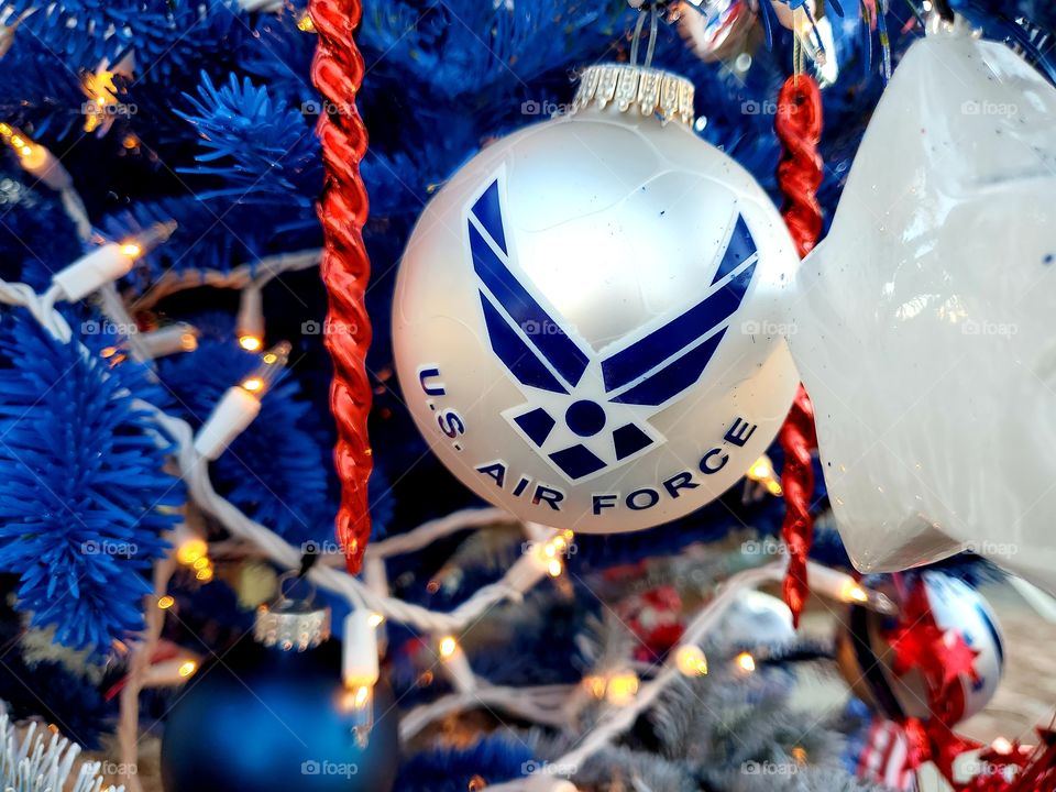 United  States Airforce Christmas ornament on a patriotic red white and blue Christmas tree