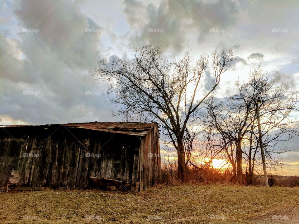 barn at sunset