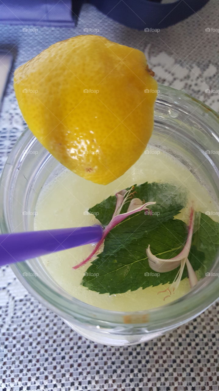homemade juice...fresh lemonade with honeysuckle and mint