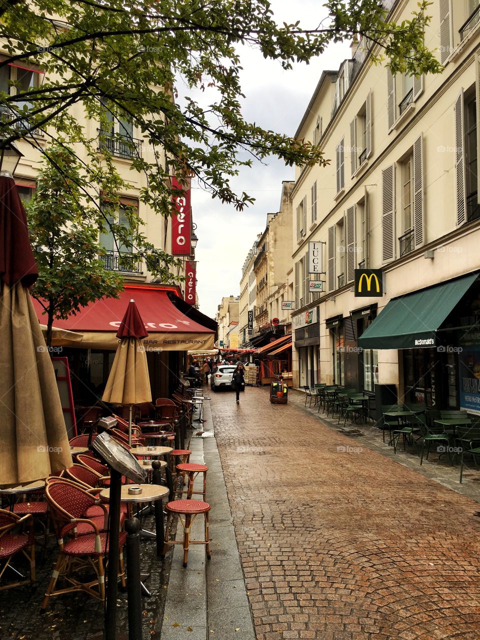 A café and a beautiful street in Paris, France 