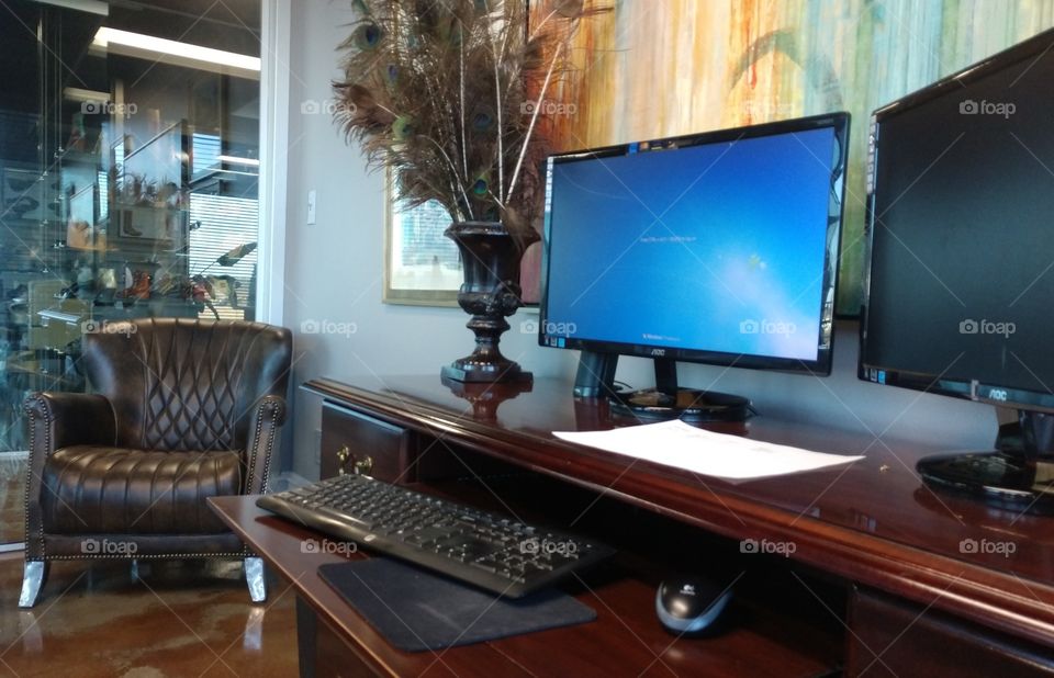 office, desk, lamp, art, plant, chair, computer, paper, painting, modern, credenza, leather, work