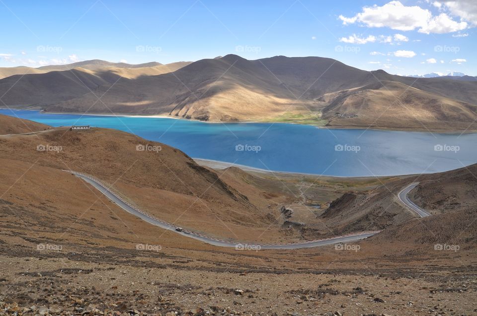 beautiful lake view in tibetan mountains - landscape in tibet